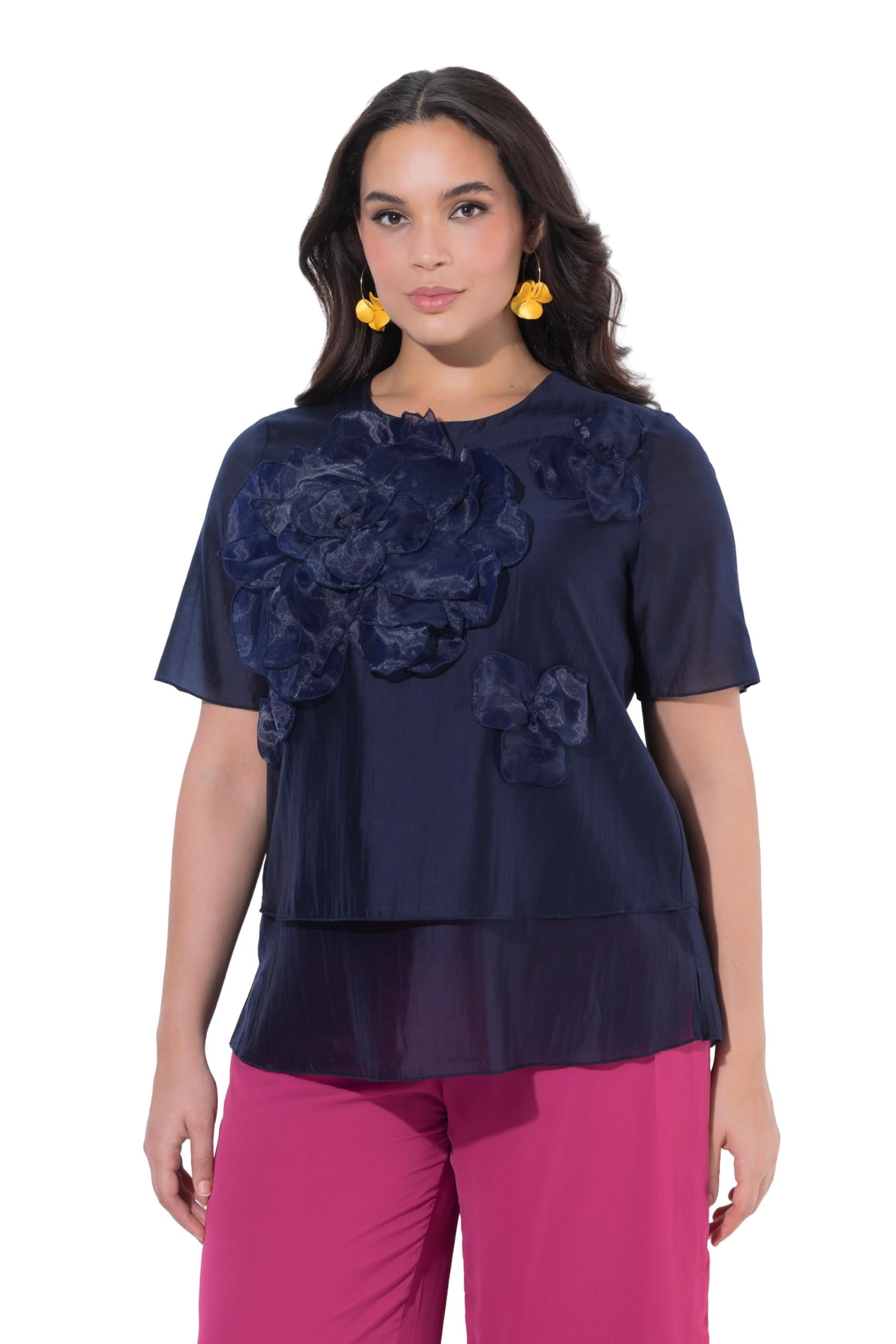 Ulla Popken Damen große Größen Übergrößen Plus Size Chiffonbluse, Blüten-Applikationen, Rundhals 849458