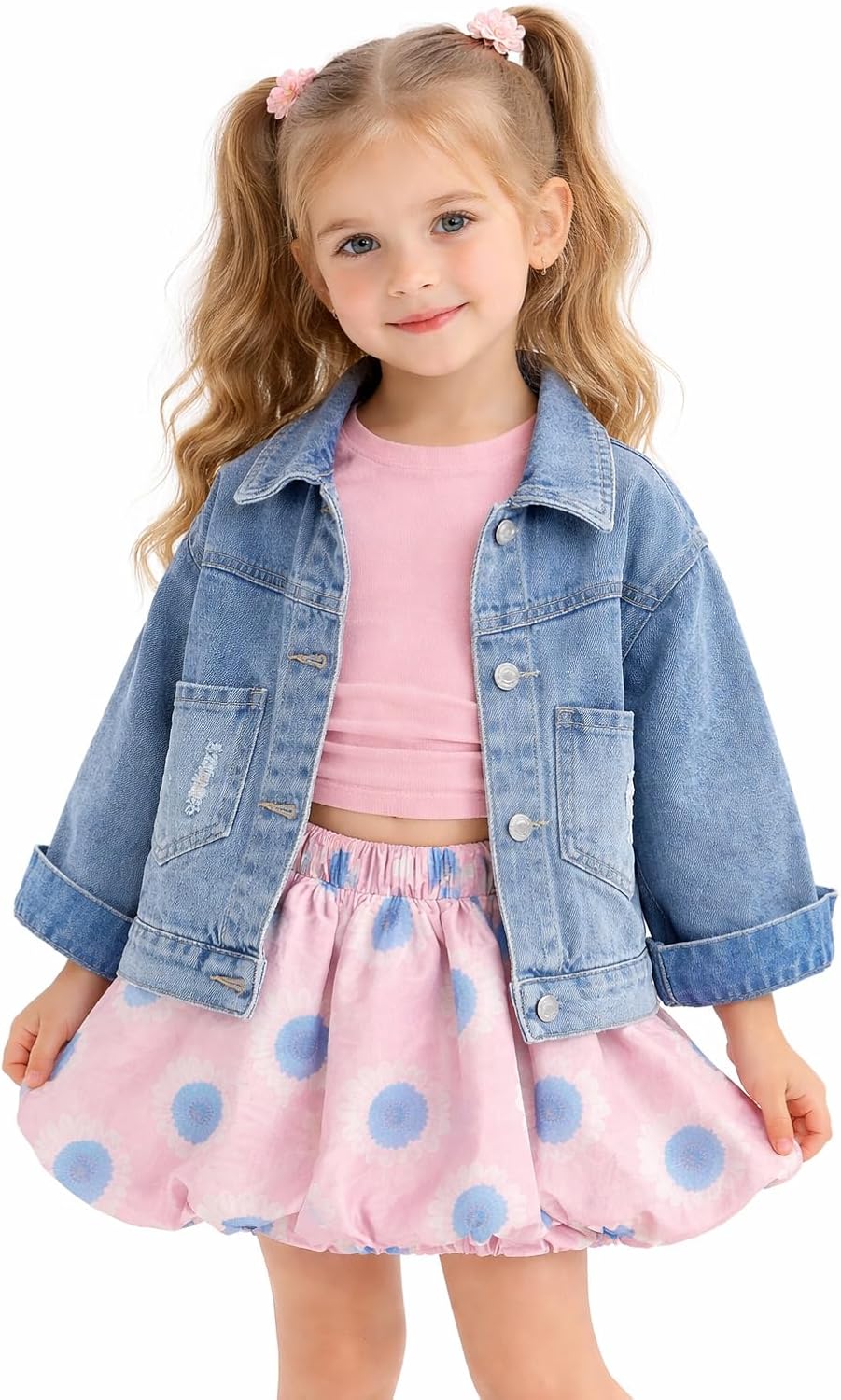Girls Denim Jacket,Toddler Girl 3pc Outfit Pink Top- Bubble Shorts, Little Girls Spring Summer.