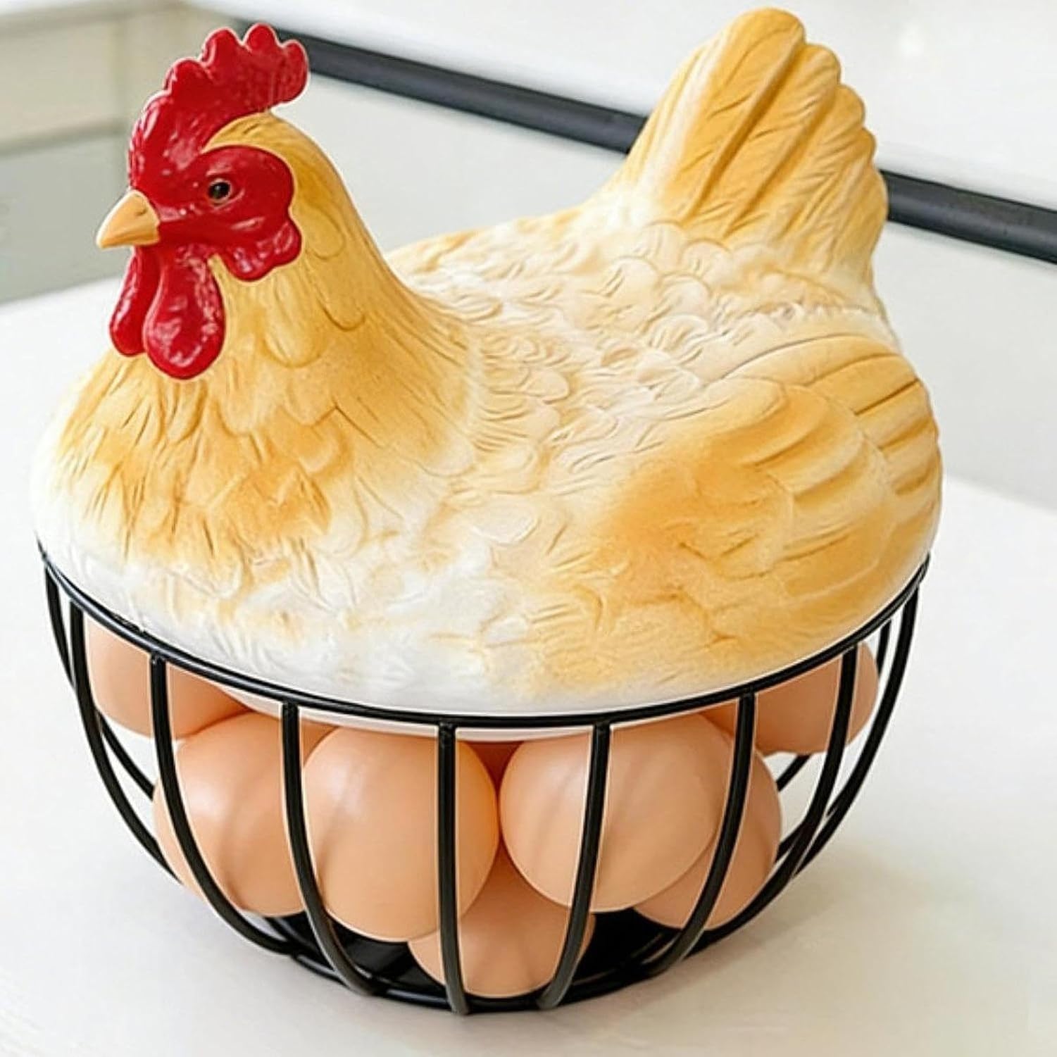 Cestino Porta Uova con Coperchio a Forma di Gallina, Decorativo per Raccolta Uova Fresche, in Filo Metallico per Piano Cucina, per Verdure e Dispensa