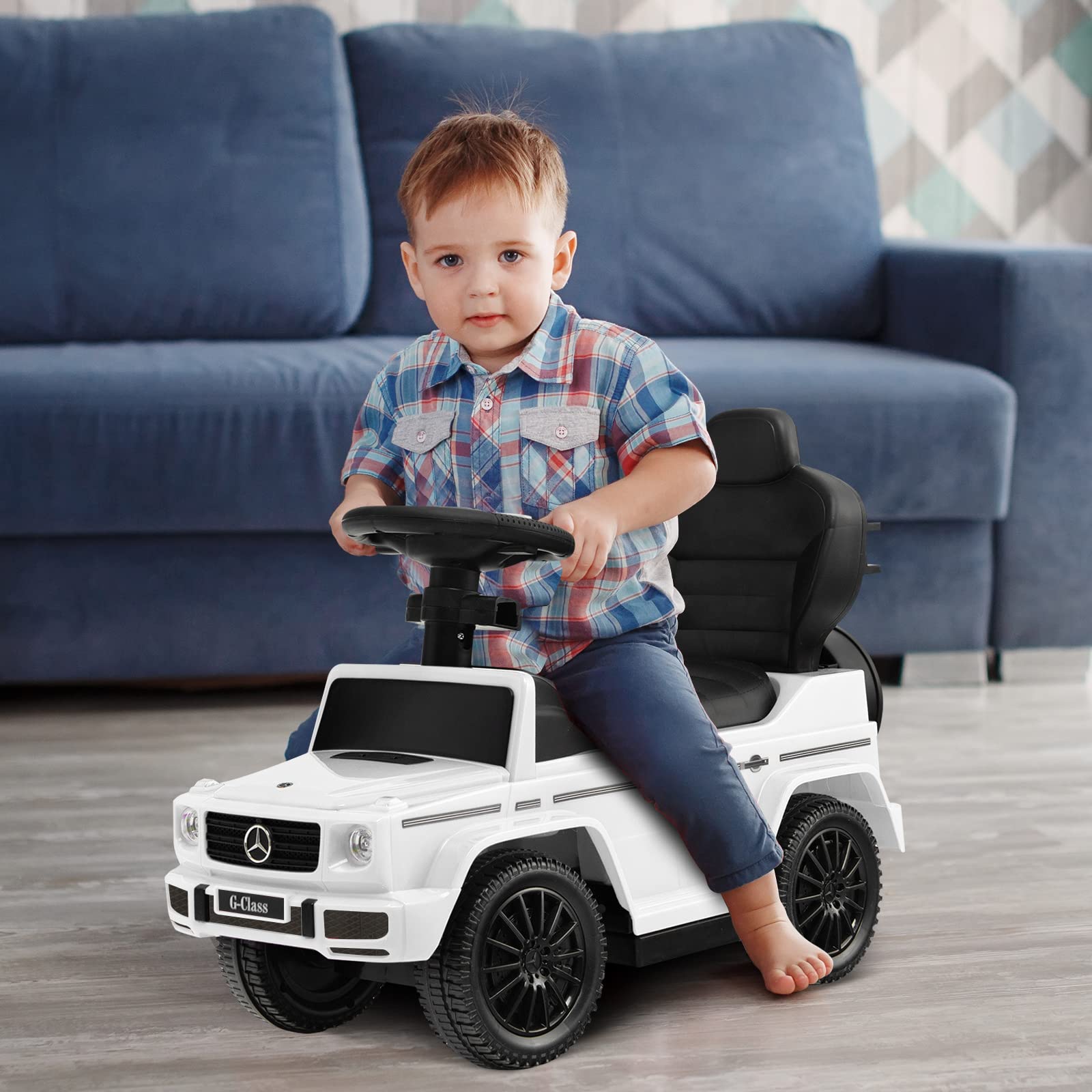 COSTWAY Mercedes Benz Rutschauto, 3 in 1 Rutscher Auto mit Sonnendach & Stauraum & abnehmbaren Schutzbügel & Schiebestange, Rutschfahrzeug mit Motorsound & Hupe, für Kinder ab 1 Jahr (Weiß)