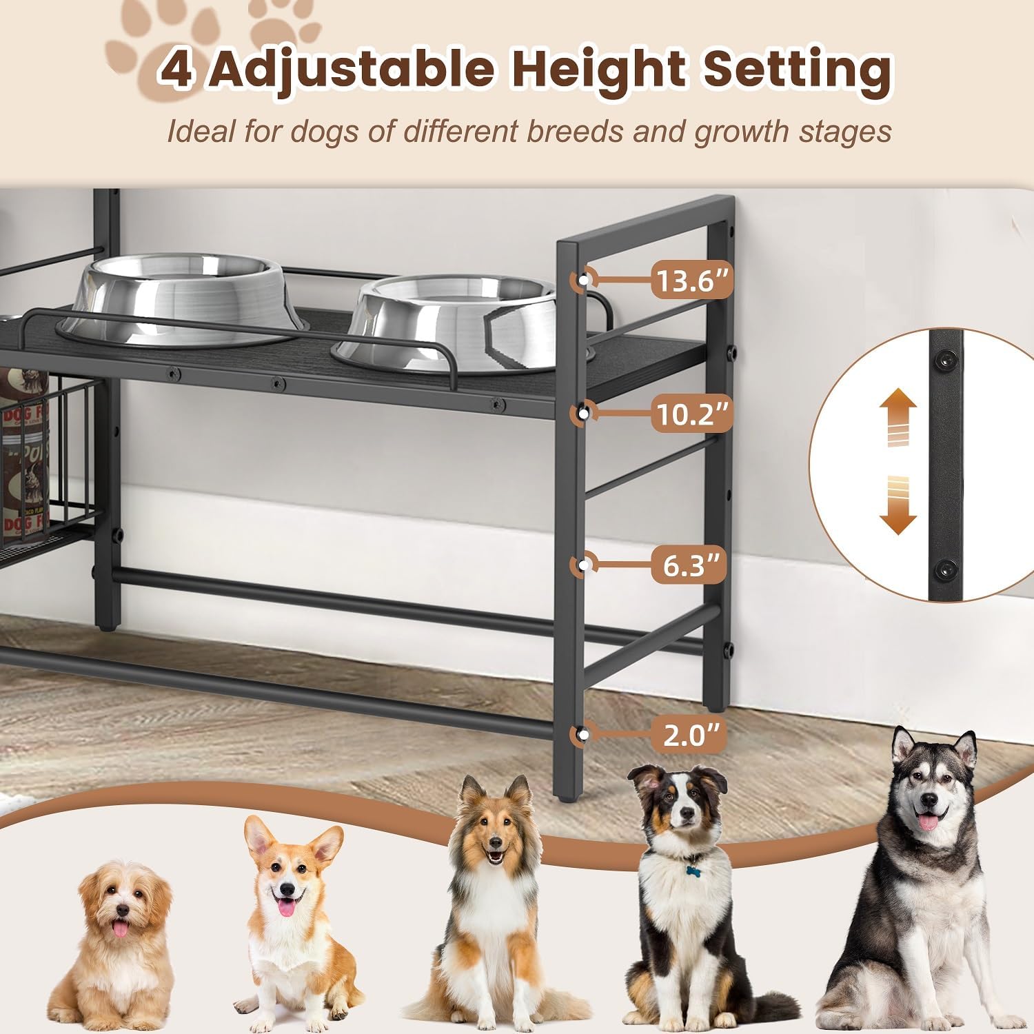 Elevated Dog Bowls, Raised Dog Bowl Stand with Dog Toy Bin Basket Dog Food and Water Bowl Feeding Station, Lifted Dog Bowl Holder Cabinet with Pet Storage Organizer for Large Medium Small Dogs