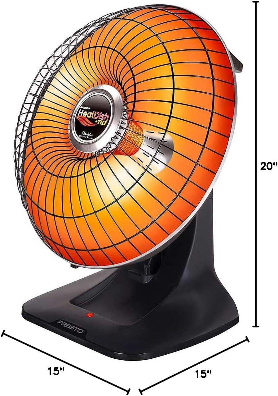 Dimensions of the Presto HeatDish Plus Parabolic Heater: 15 inches deep, 15 inches wide, 20 inches high.