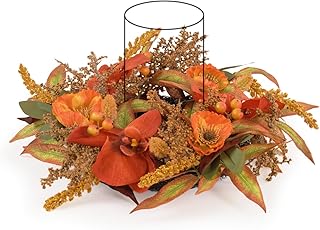 WELL KNOWN Artificial Flower Candle Rings Wreath, 12" Small Orange Orchid and Poppy Wreath for Candles & Candleholders, Autumn Centerpieces for Home Table Decor