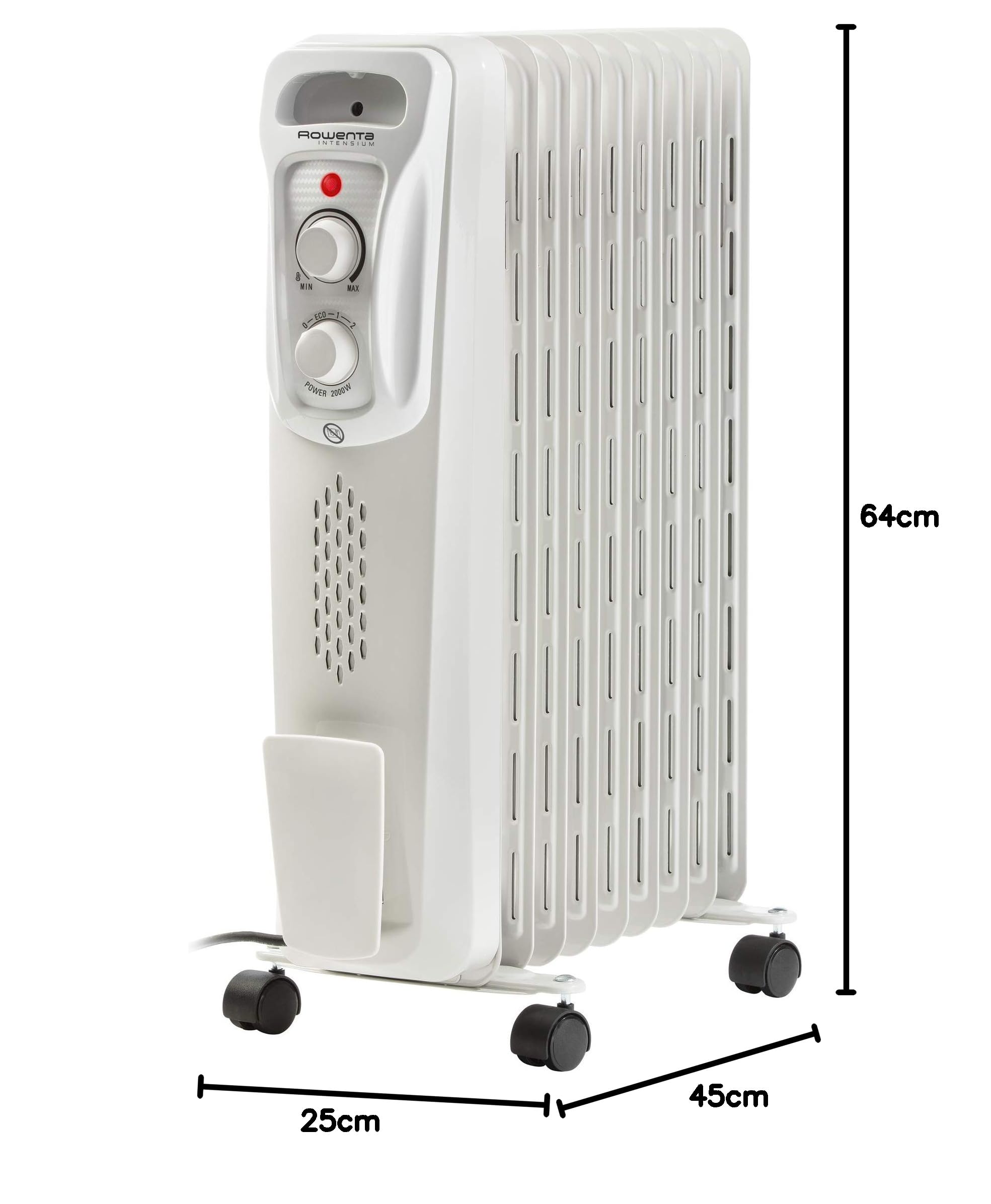 Rowenta Intensium Radiateur à bain d’huile 2000 W, Chauffage d’appoint 25 m², 3 niveaux dont Éco, Silencieux, Thermostat réglable, Sécurité anti-basculement & surchauffe, Poignée & roulettes, BU2620F0