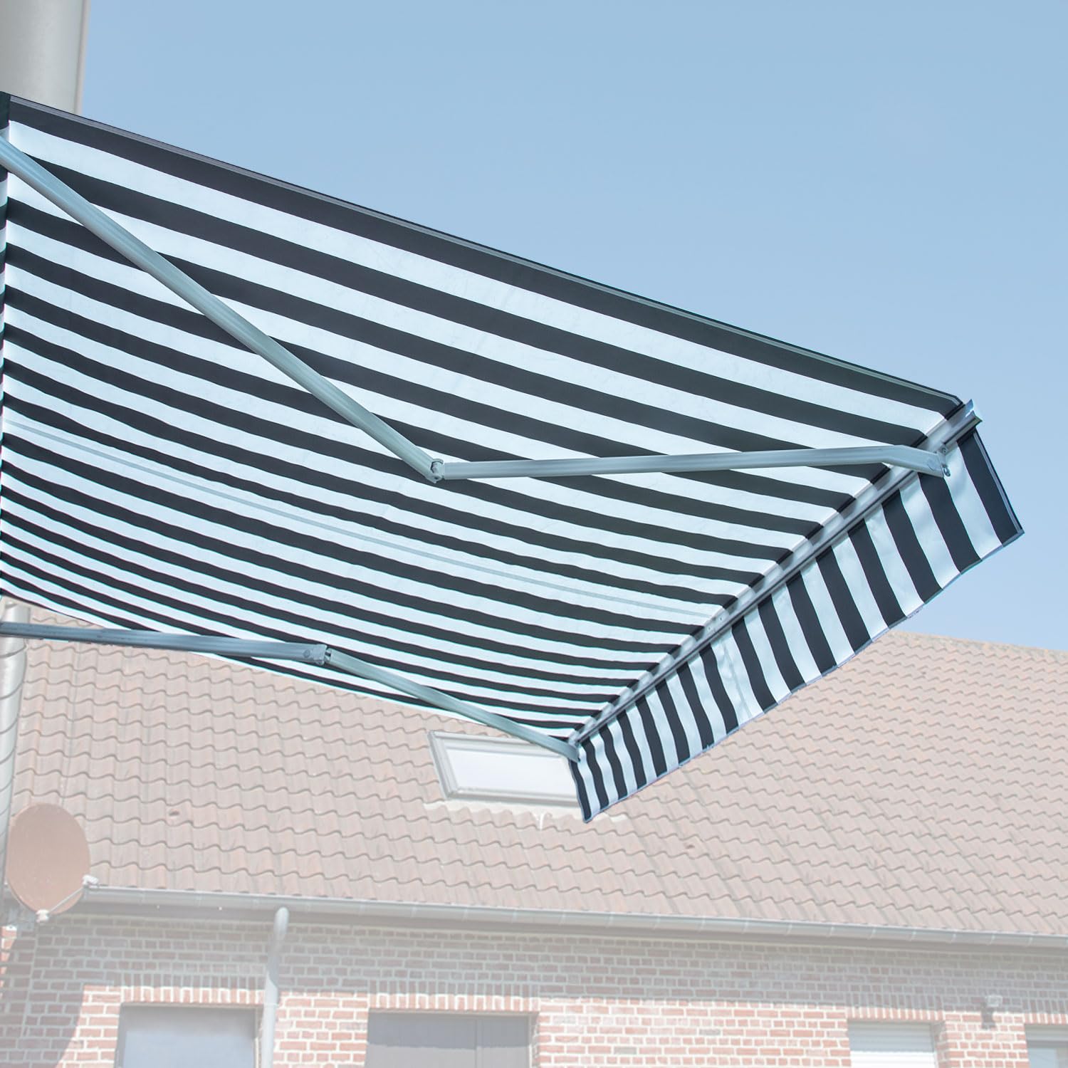 Store banne Saule 2,5 × 2m - Toile rayée Blanche/Grise et Structure Blanche