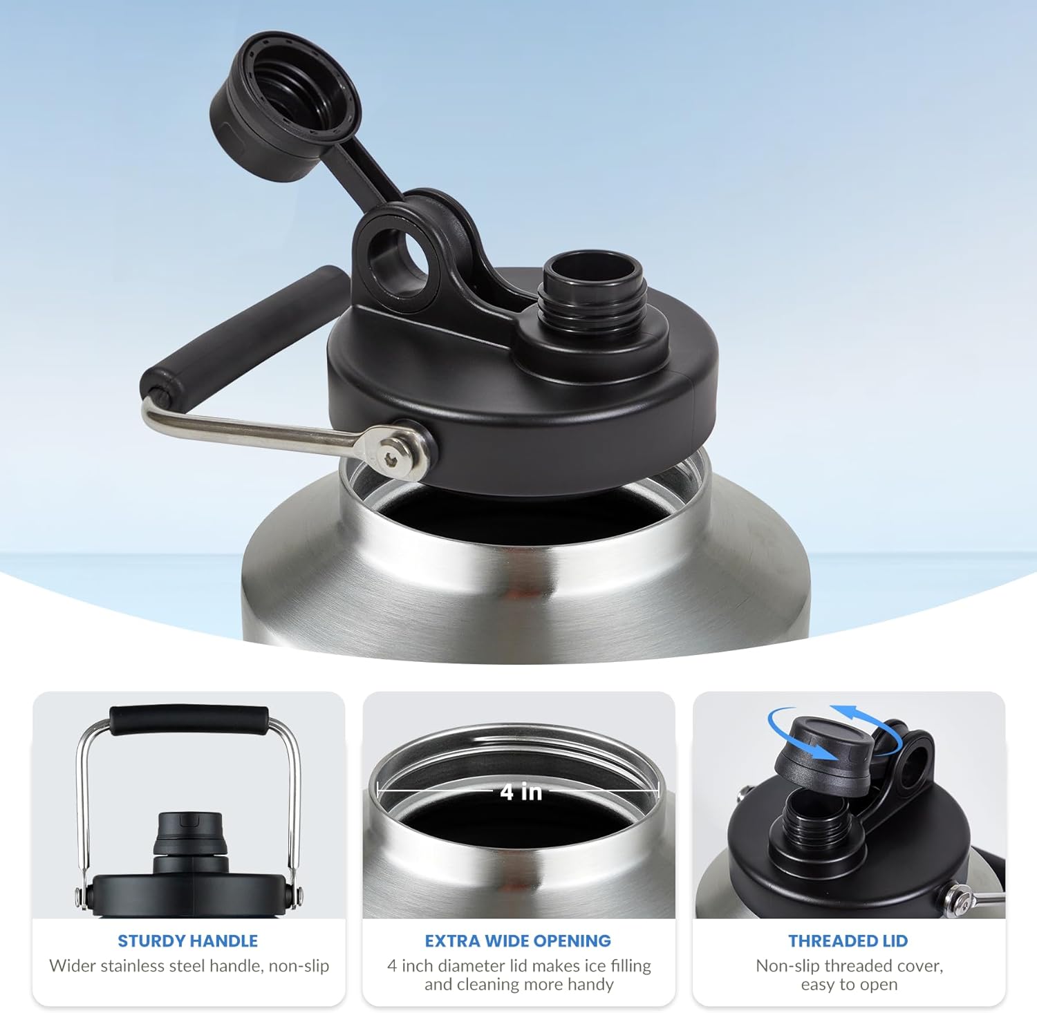 1 Gallon Insulated Water Bottle Stainless Steel Keeps Ice 48Hr, Large Water Gallon Jug Wide Mouth Leakproof Vacuum for Gym, Camping, & Construction Stainless Steels - Image 5