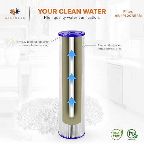 Miniatura 5 de Aquaboon Cartucho de repuesto de filtro de agua de sedimentos plisado de 5 micras de 20 pulgadas, filtración de sedimentos para toda la casa,