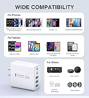 Vista 4 de [Paquete de 2] Cargador de pared USB C, 60 W, 5 puertos PD rápido, bloque de carga USB C, 2 USB C + 3USB A enchufe multipuerto, adaptador de blanco