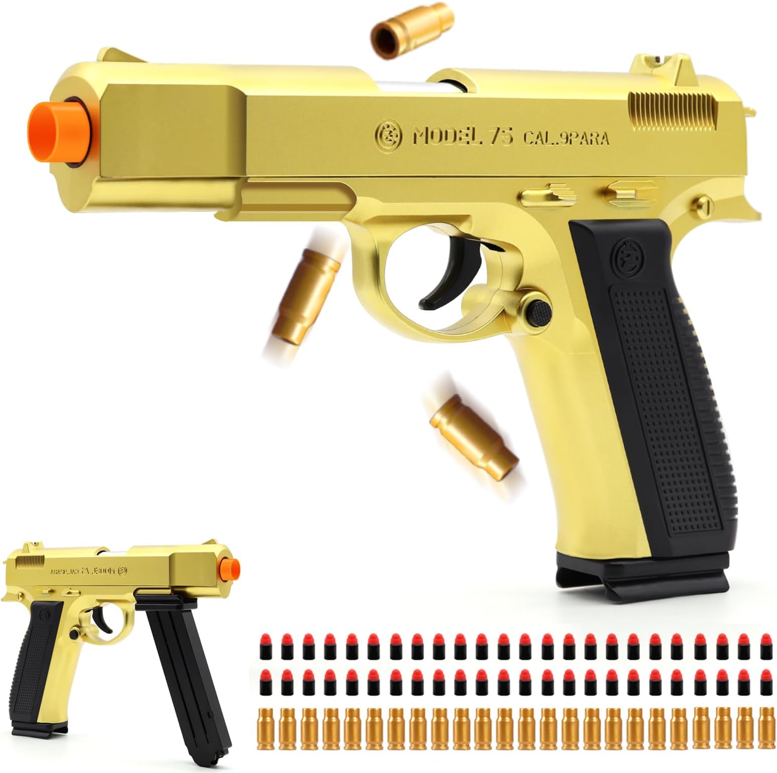 - DaoDaoZhu Soft Bullet Toy Gun Pistol with Shell Ejecting for Indoor/Outdoor Shooting Games, Halloween Costume Fake Prop Gun Model, Educational Play Toy Guns, Christmas/Birthday Gifts (Gold)