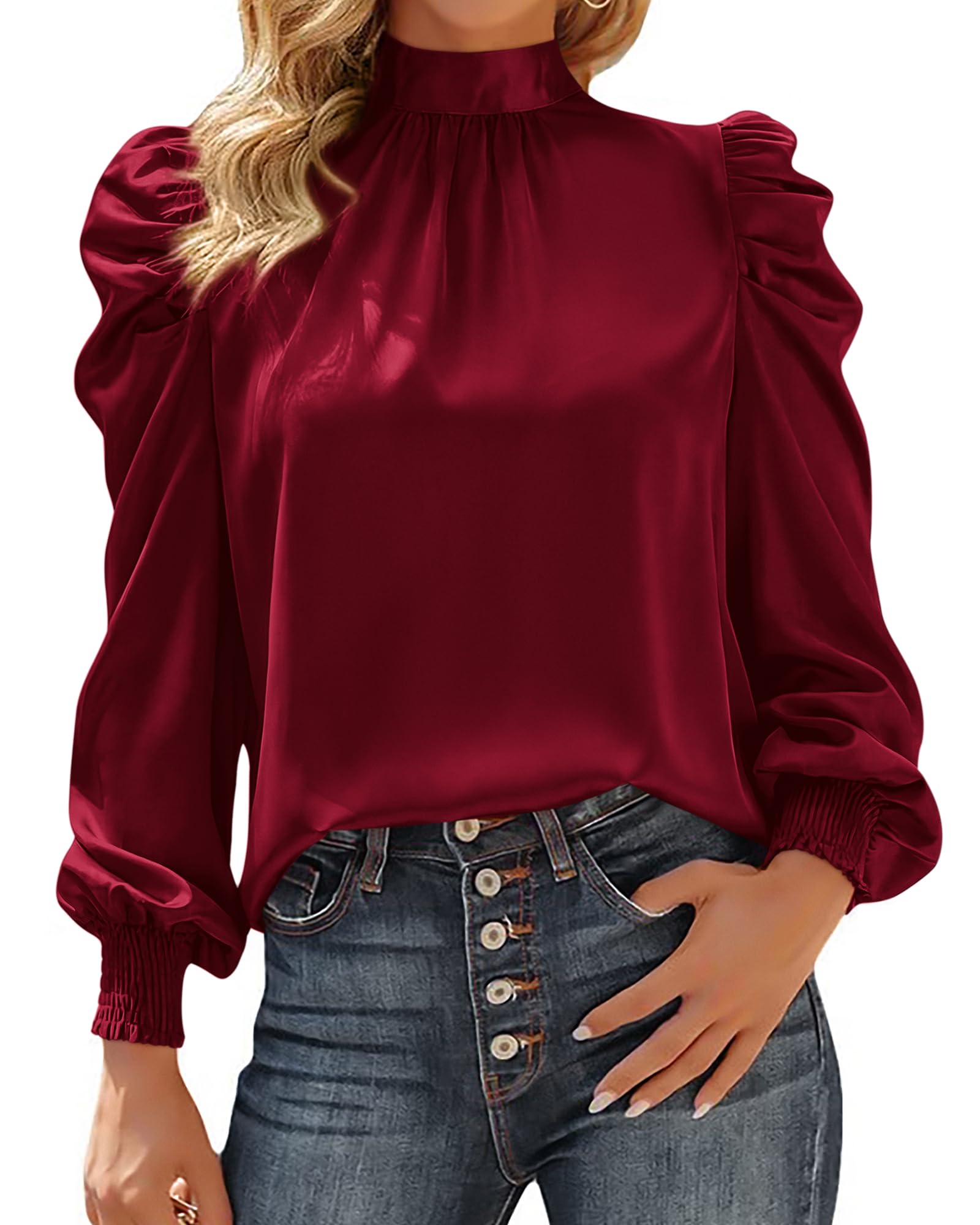 BTFBM Mock Neck Long Sleeve Blouses for Women Dressy Casual Business Work Shirts 2026 Summer Fall Clothes Satin Tops