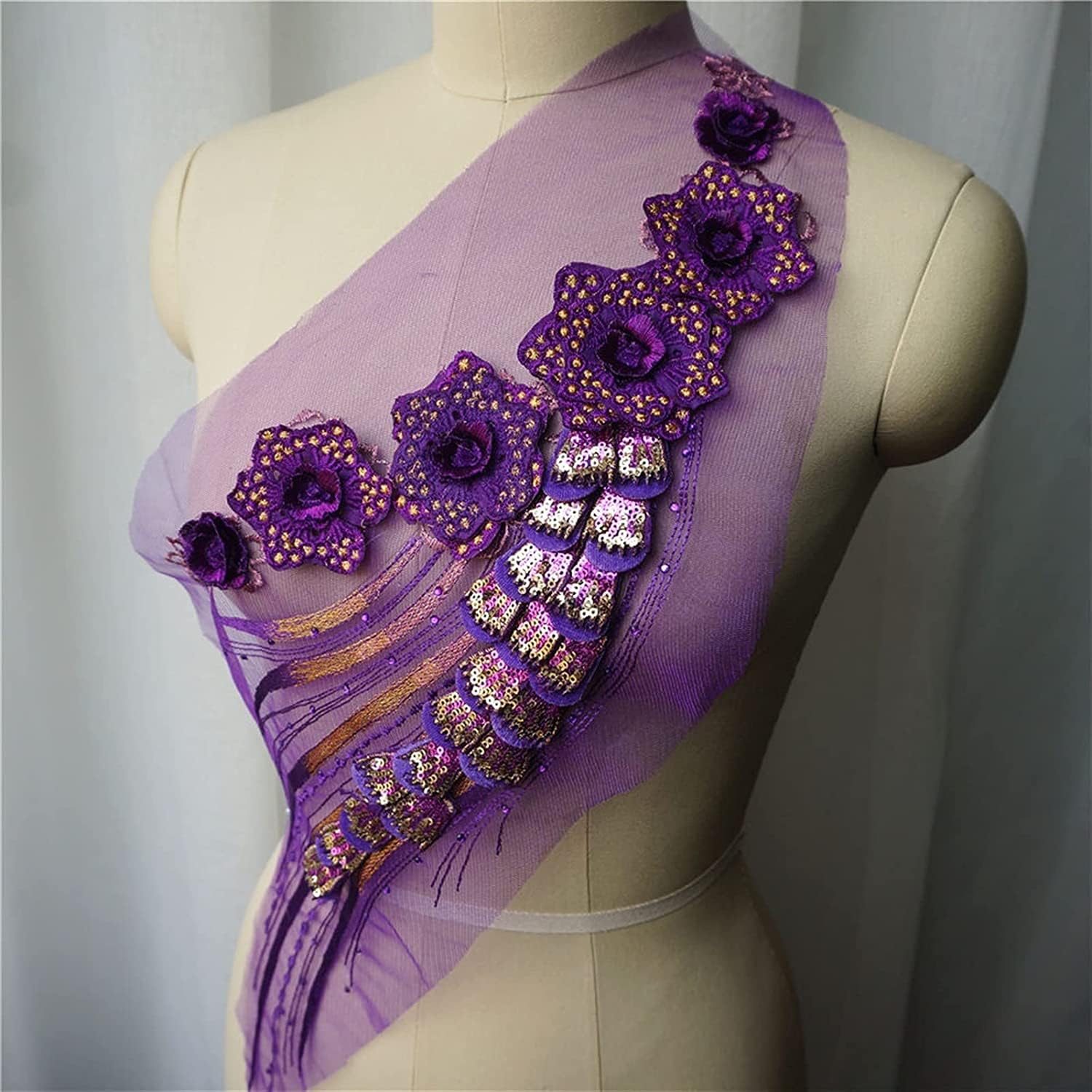 Applicazioni da cucire, Tessuto di pizzo a fiori viola, paillettes, nappe, abito ricamato, applicazioni, colletto, maglia, toppa da cucire for la decorazione nozze, fai te