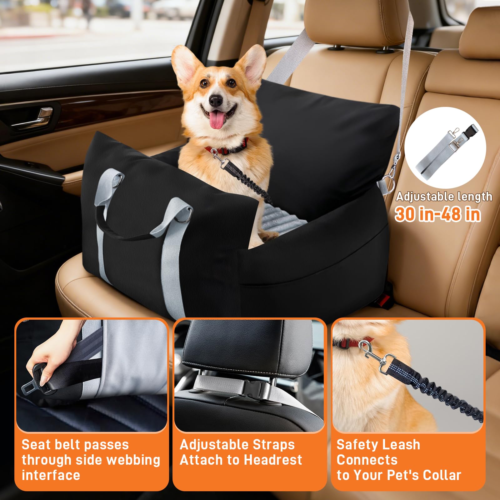 Waterproof Dog Car Seats for Small Medium Dogs, Dog Booster Seat 4in Memory Foam Pet Car Seat up to 40 lbs with Pockets, Travel Pet Car Seat with Detachable Washable Cover and Cushion - image 4