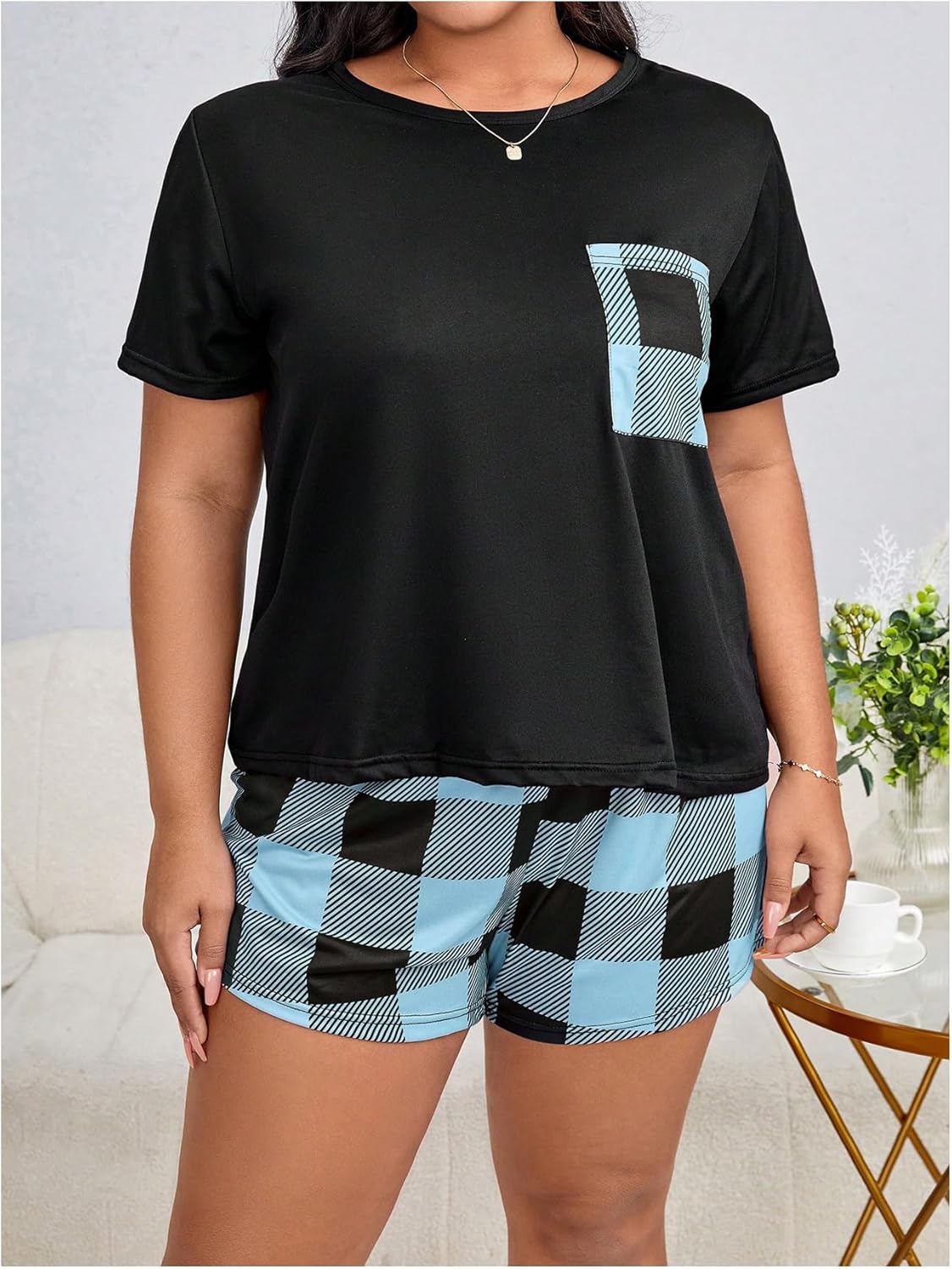 GORGLITTER Women's Plus Size Pajama Set 2 Piece Letter Short Sleeve Shirt Plaid Boxer Shorts Pjs Lounge Sets - Image 4