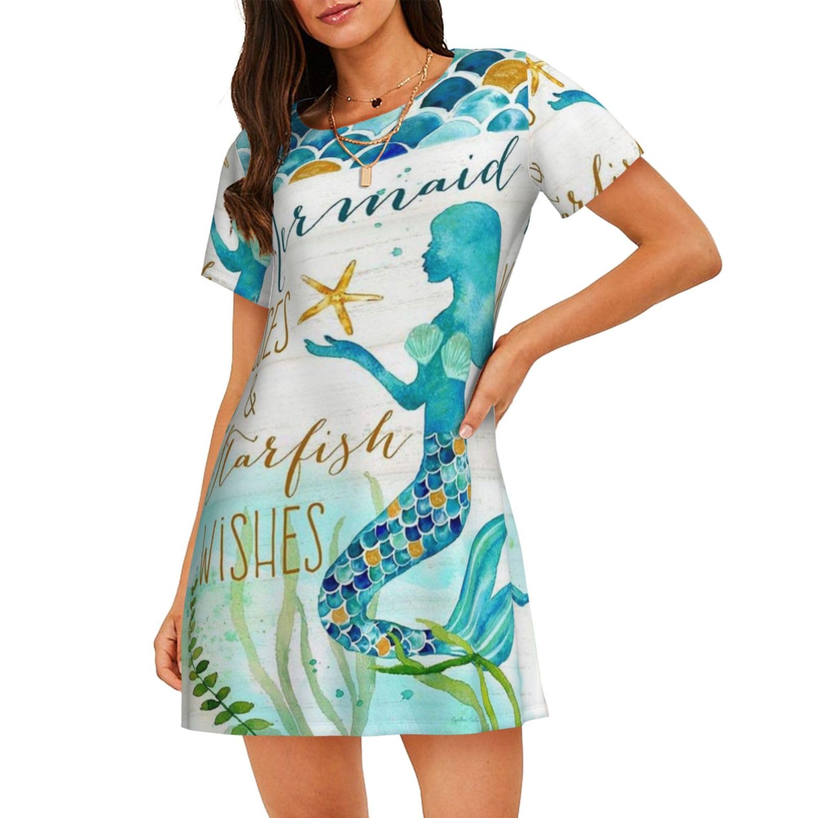 POCUK Mermaid Women'S Short-Sleeved Nightdress Summer Family Walk Shopping Vacation Home Clothes Black