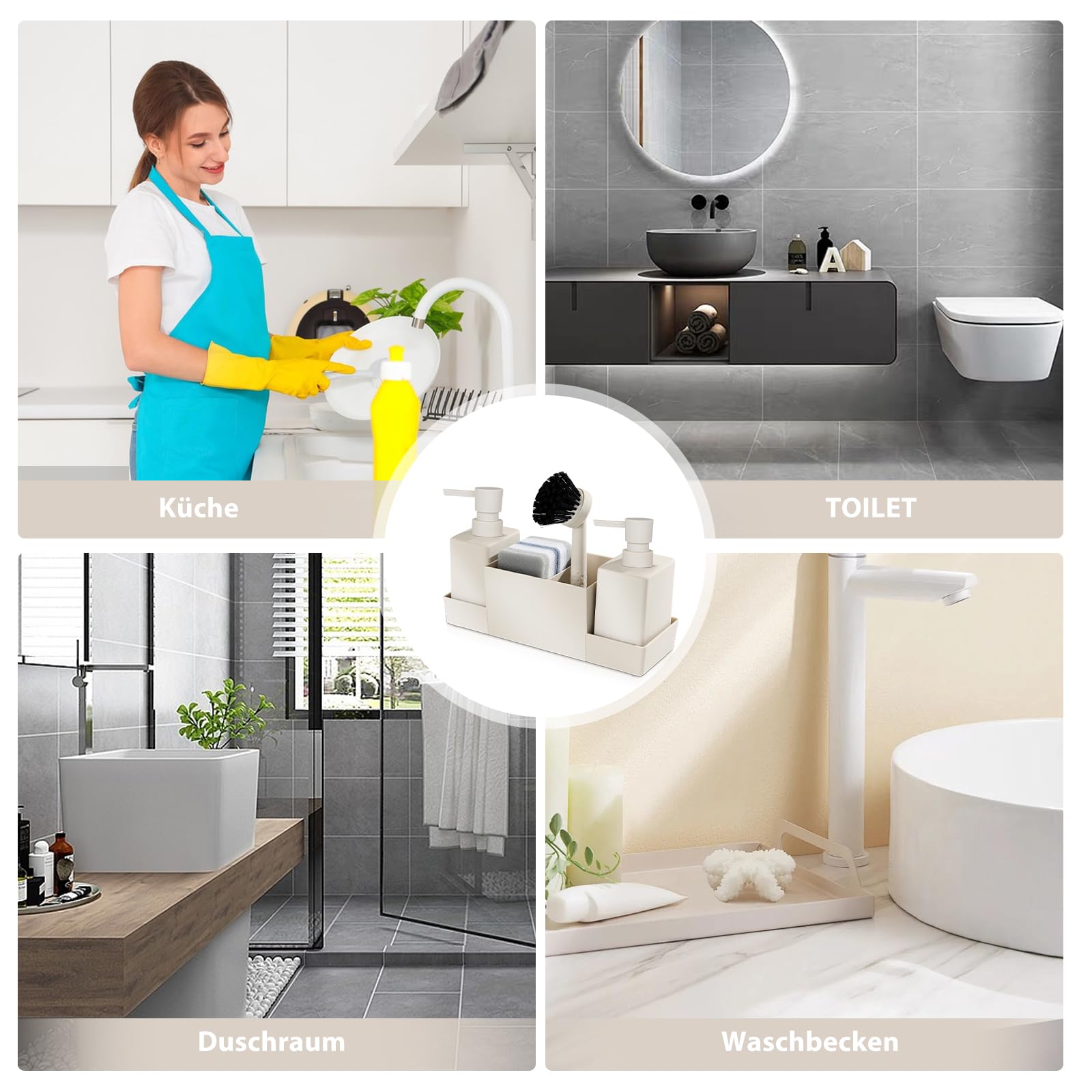HOSPAOP Organisateur d'évier de cuisine en plastique avec distributeur de liquide vaisselle, brosse et éponge à vaisselle, distributeur de savon, brosse éponge, Beige