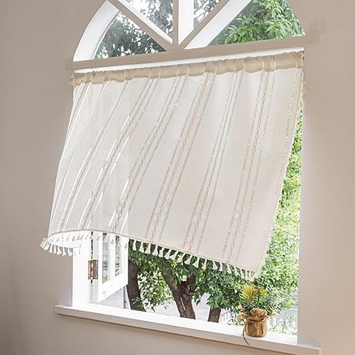 Miniatura 115 de Deeprove Cenefa Bohemia Blanca con Borlas para Decoración de Cocina y Cafetería, Cortinas Cortas de Algodón y Lino Crema Estilo Bohemio Rústico,