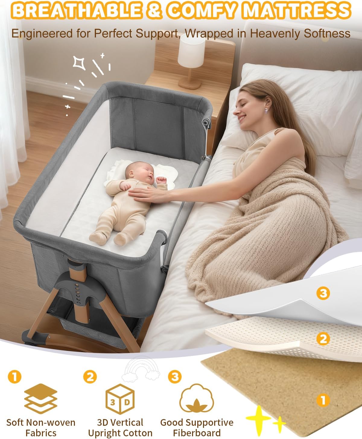 Baby Bassinet Bedside Bassinet with Large Storage Basket, Cozy Mattress, Rocking Mode, Adjustable Heights, Portable Bedside Crib for Newborn(Dark Grey)