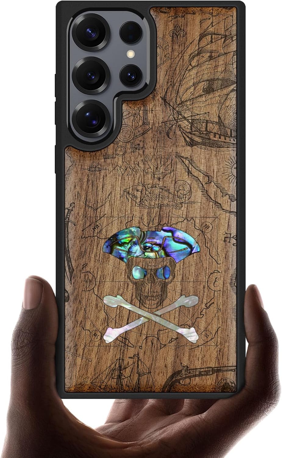 Carveit Magnetic Wooden Case for Samsung Galaxy S25 Ultra Case, Wood Artisan Engraved & Handmade Shell Inlaid, Compatible with MagSafe Wireless Chargers (Pirate Skull) Walnut