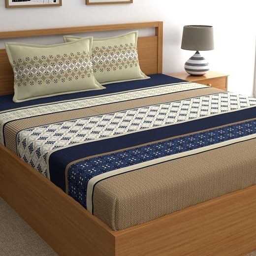 Home Ecstasy 100% Cotton King Bedsheet with 2 Pillow Covers - (Size 108 x 108 inches, 140 TC, Colour - Blue)