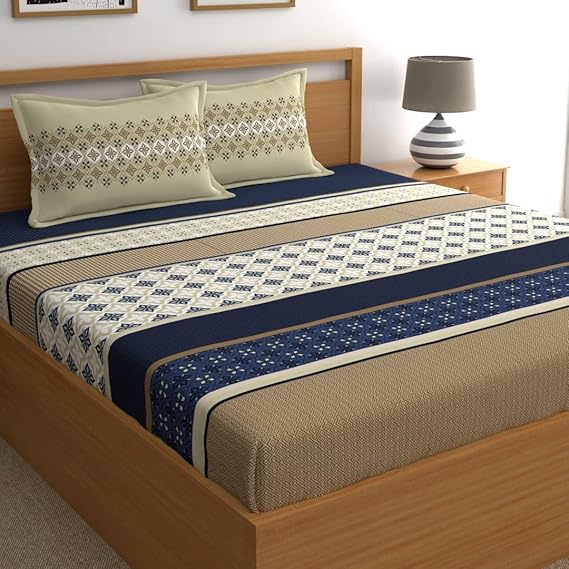 Home Ecstasy 100% Cotton King Fitted Bedsheet with 2 Pillow Covers, 140tc Cotton Ethnic Blue Bedsheet for King Bed 72? x 78? or 6ft x6.5ft