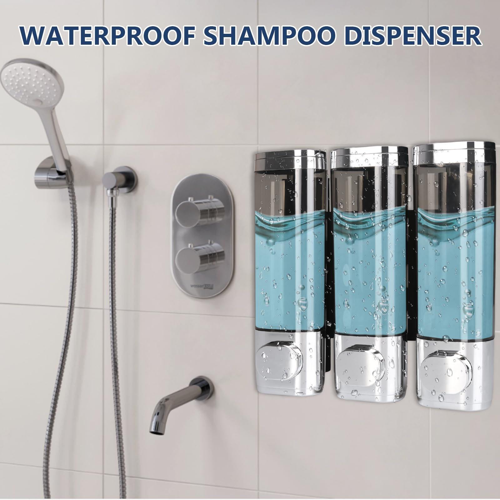 Dispenser di sapone 3 in 1 per bagno a parete, dispenser e organizer per doccia, 3 camere senza trapano, accessori per doccia per shampoo, balsamo, bagnoschiuma, bagno, cucina, hotel