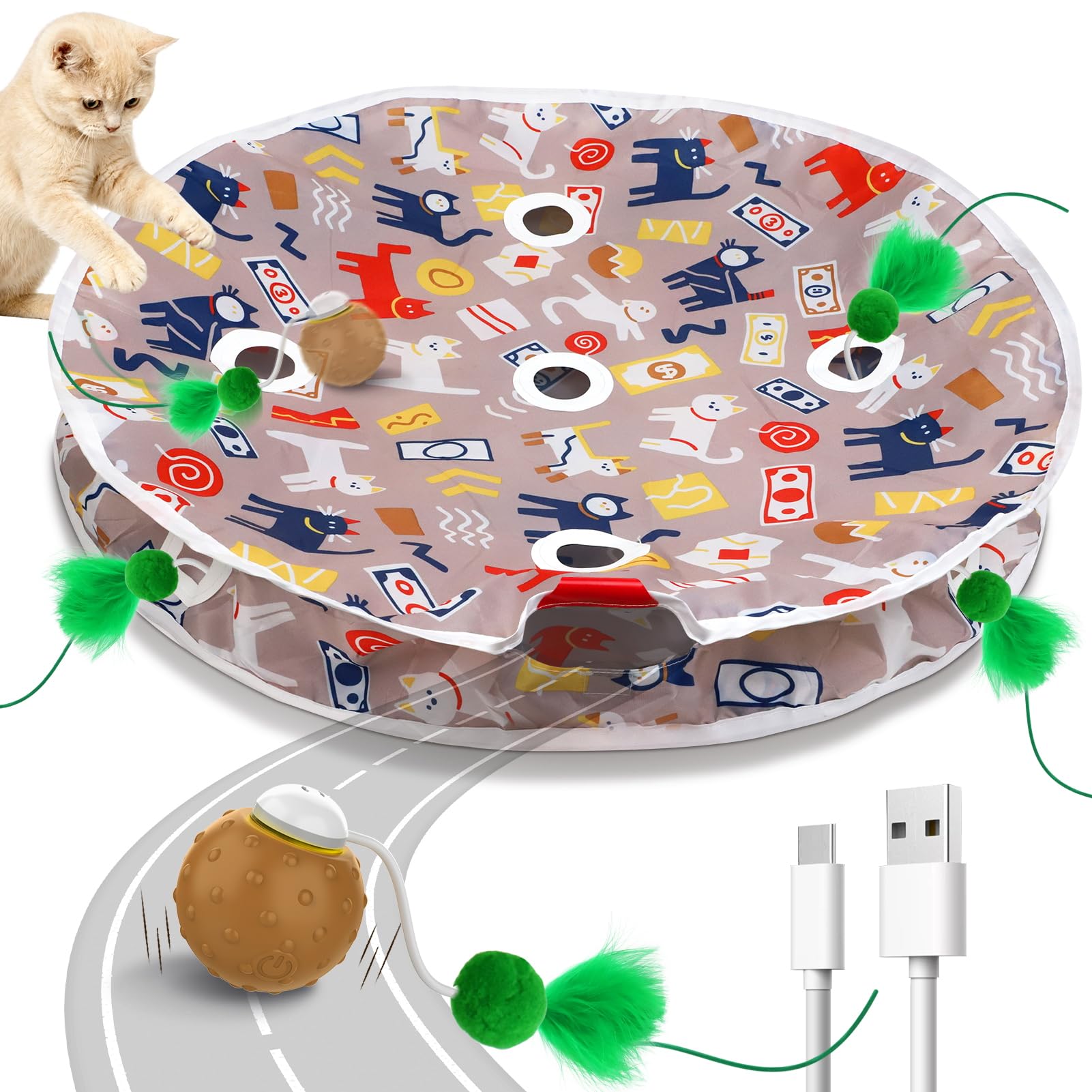Juguetes para gatos de interior, pelota interactiva y tapete de juego de 9 agujeros, juego de ejercicio de escondite, pelota automática en bolsa, juguete estimulante chirriante de ratón