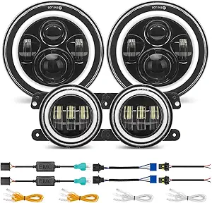SUPAREE 7" LED Headlights + 4" Fog Light Replacement [HALO DRL + Turn Signal] [H4 Plug n Play] Compatible with 1987-2018 Jeep Wrangler JK JKU TJ LJ Rubicon Sahara Unlimited