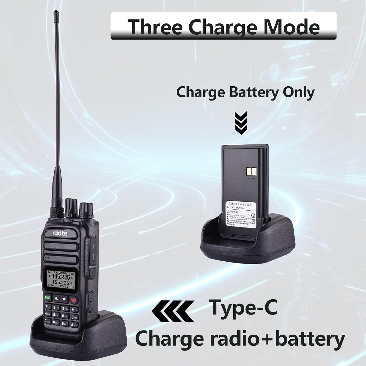 Radtel RT-830 radio, battery, and charging options