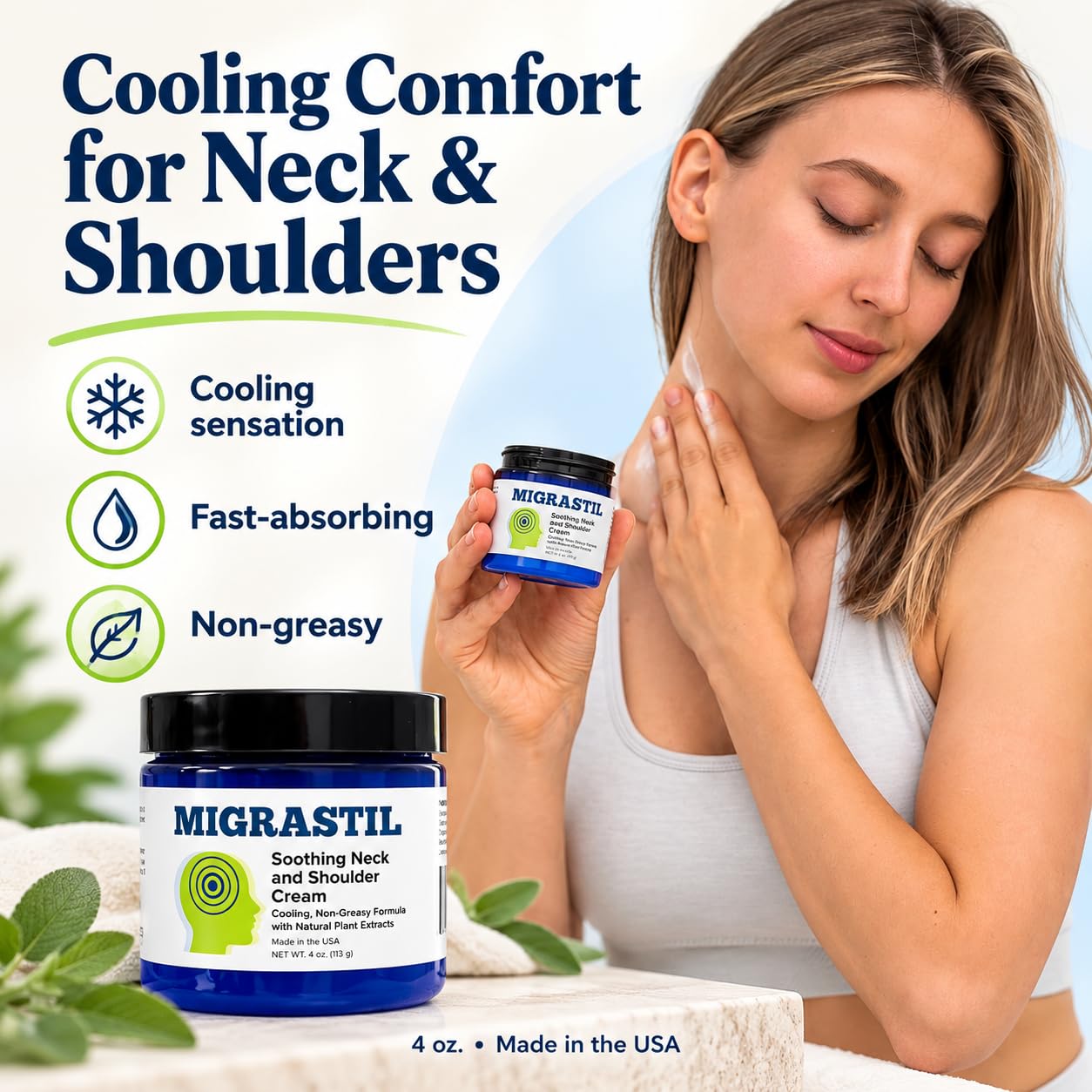 Basic Vigor Migrastil Neck & Shoulder Cream. Cooling Comfort for Migraines, Tech Neck & Tension. (4 oz.) Made in The USA. — Amazon image 2