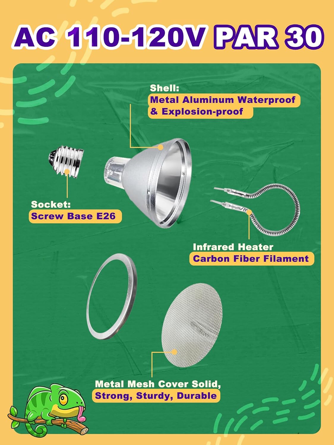 Heat Lamp Bulb, 100 Watt Infrared Heat Bulb, Non-Luminous Self-Ballasted Bulb, Deep Dome Lamp Fixture, Immediate Heat-Up, 24 Hour Heat Source for Reptiles and Amphibians