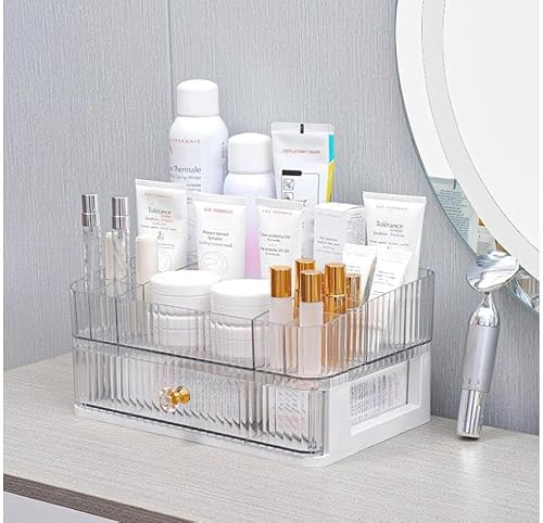 Miniatura 1 de Organizador de maquillaje acrílico para tocador, vitrinas de cosméticos con 2 cajones y 1 bandeja, almacenamiento de cosméticos apilable para