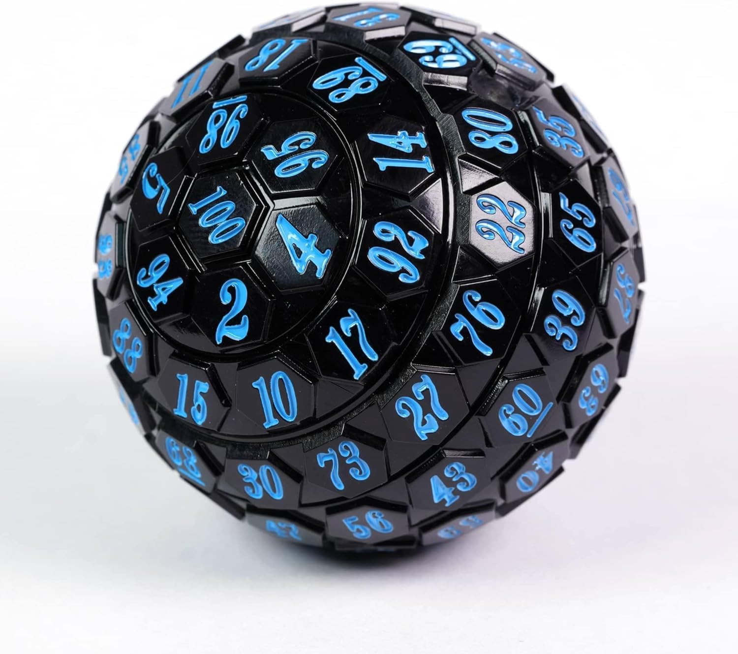 100 Sided Polyhedral Dice, Single D100 Game Dice, 100 Sided Cube with Black Pouch, D100 die 48 mm (Black with Blue Number)