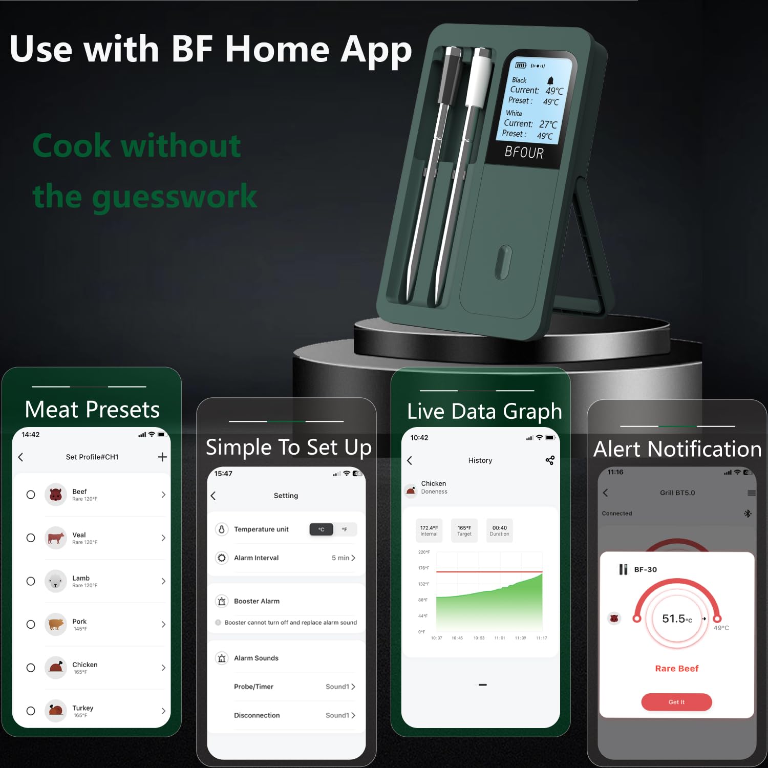 Termometro per carne senza fili Bluetooth con 2 sonde, display LCD, controllo tramite APP, termometro per griglia per BBQ, griglia, affumicatore, forno, cucina, BF-40