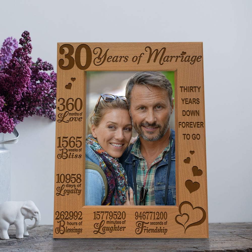 KATE POSH 30 Years of Marriage Engraved Natural Wood Picture Frame, 30th Anniversary, Husband and Wife, 30 Years Down Forever to Go (4x6-Vertical)