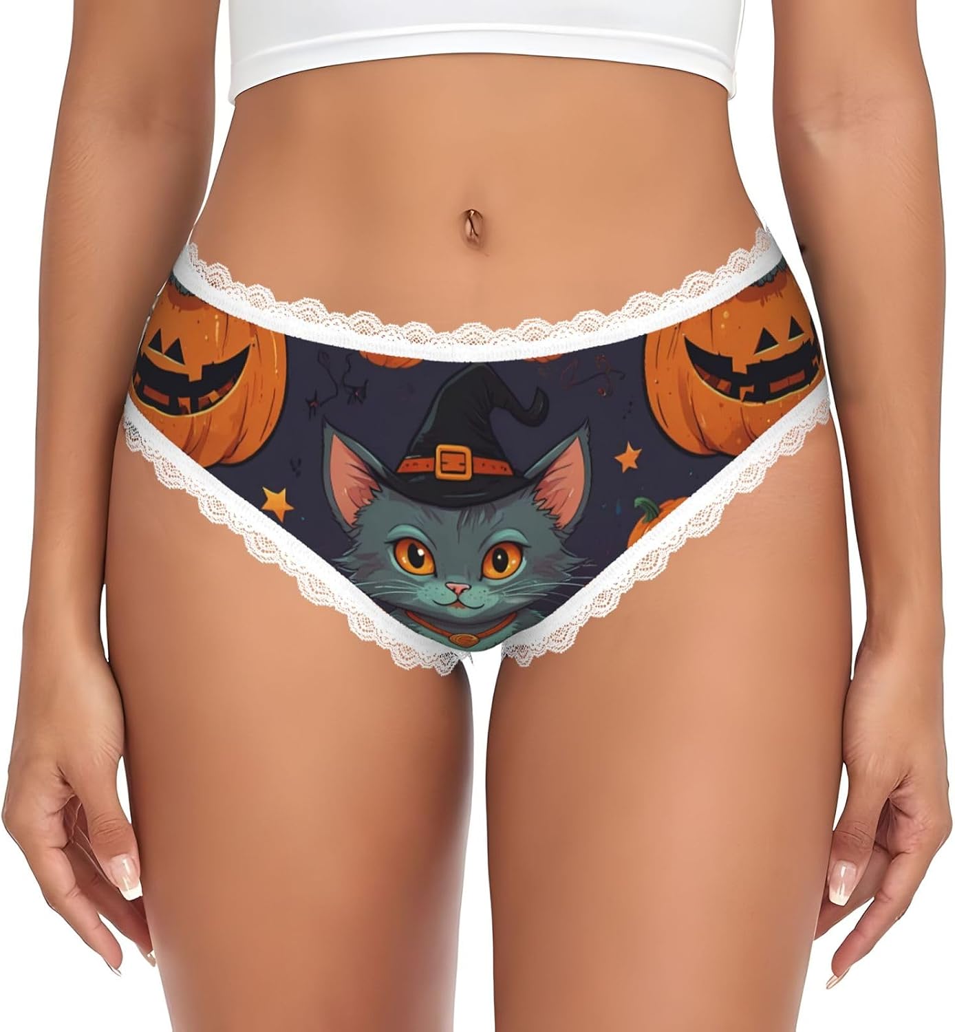 kitten devil pumpkin Women's Lace Briefs, Transfer Printing Low Rise, Polyester Spandex Seamless Soft Panties