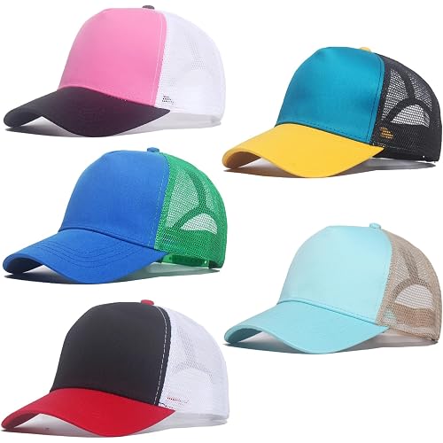 5 Pack Sublimation Blank Trucker Hats, Mesh Baseball Caps Bulk for DIY Crafting Snapback Plain Hat, Assorted Colors