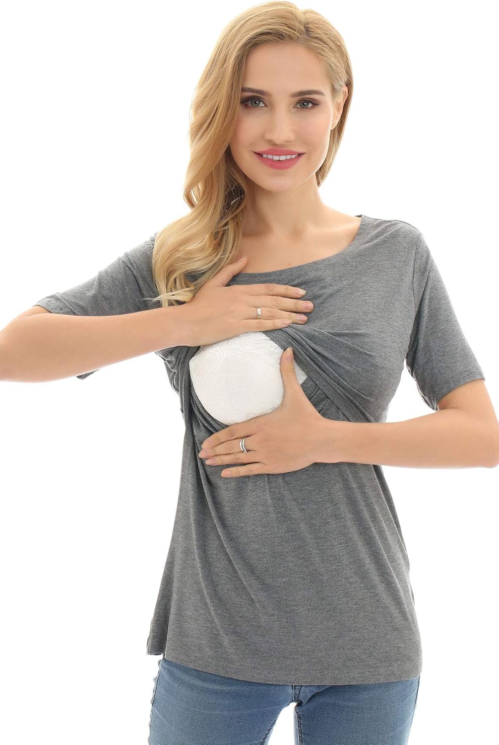 Bearsland Women's 3 Packs Maternity Nursing Tops Short Sleeve Breastfeeding Shirts
