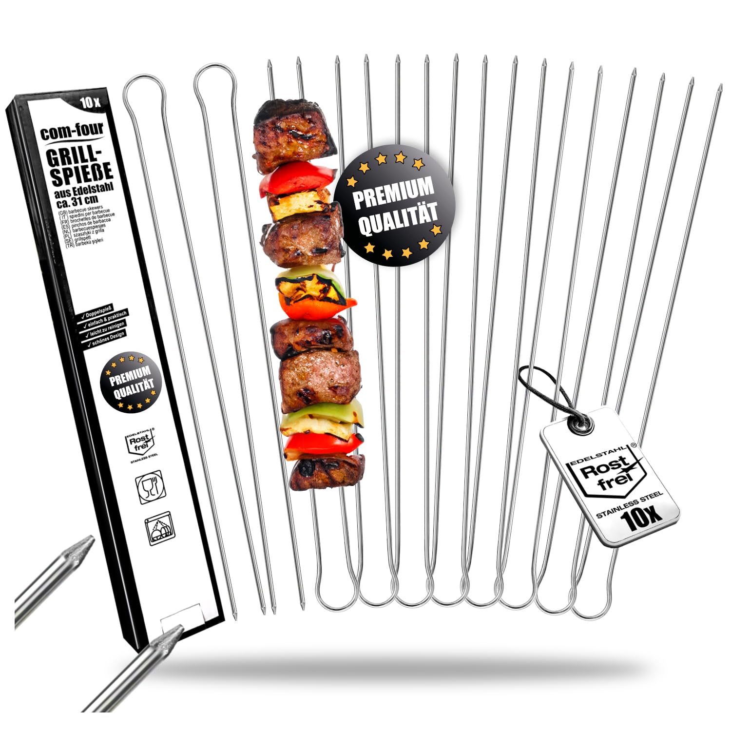 com-four® 10x Grillspieße mit Griff - 31 cm BBQ Doppelspieß aus rostfreiem Edelstahl 430 - Schaschlikspiesse mit Doppelzinken zum Fixieren von Fleisch, Fisch, Gemüse (10 Stück – Edelstahl rund)