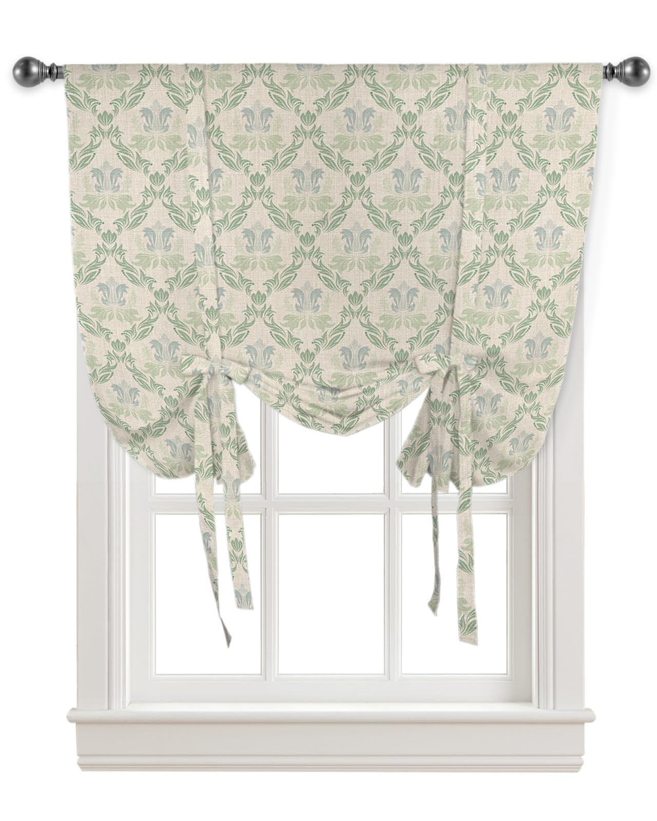 Yukro Tie Up Curtains Window Shades, Vintage Green Flowers Pattern Rod Pocket Tie Up Window Shade, Adjustable Balloon Curtain Shade for Blinds Kitchen Bathroom, 1 Panel, 52