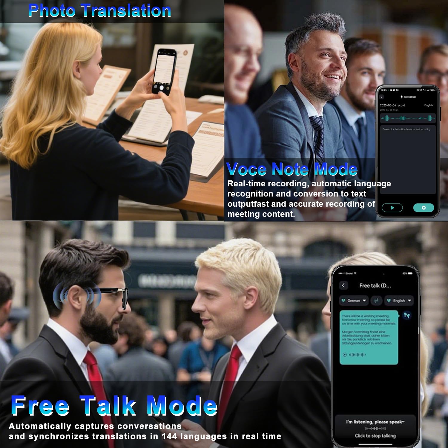 Lentes inteligentes de traducción Ai con ChatGPT, gafas Bluetooth con traducción de más de 164 idiomas, lentes de traductor físicos de cambio de color, lentes de audio multifuncionales para 3