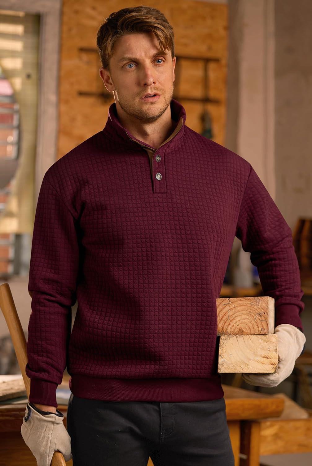 Men's Textured Sweatshirt Fleece Lined Thermal Elbow Patches Heavyweight Pullover Burgundy Medium - Image 7