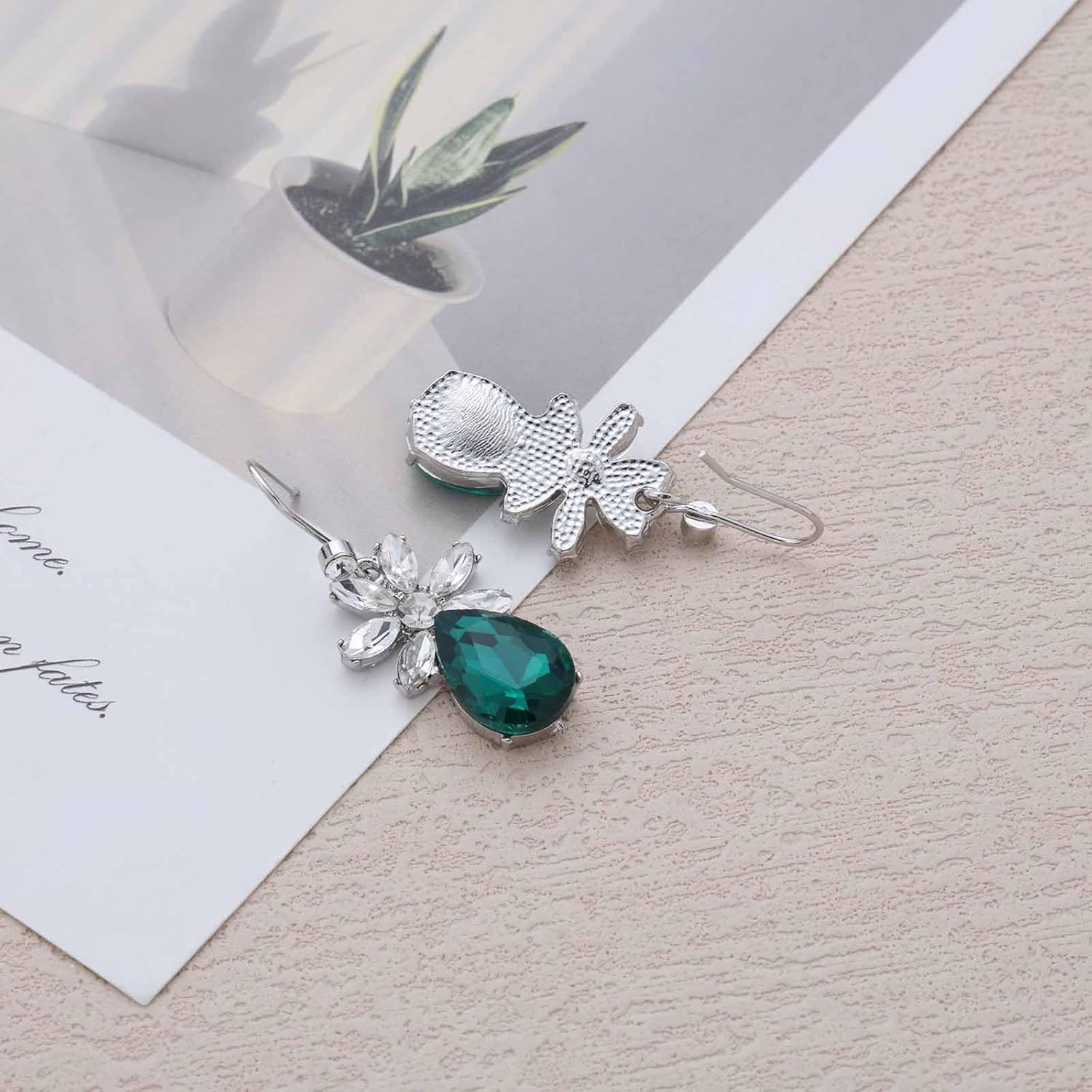 Vintage Cz Flower Emerald Earrings Silver Teardrop Emerald Dangle Earrings Green Crystal Drop Earrings Wedding Green Rhinestone Earrings Jewelry for Women - Image 6