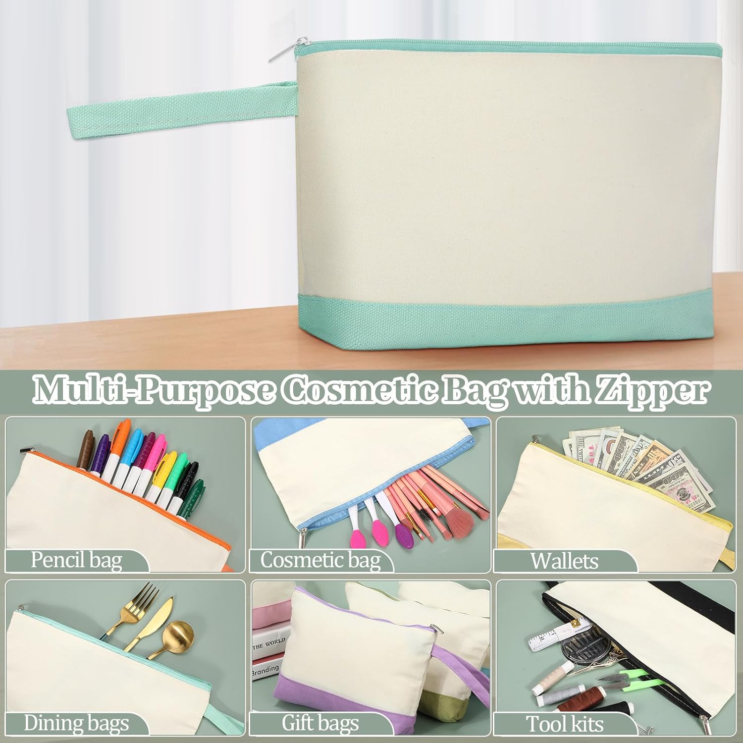 Silkfly 48 Pcs Cotton Canvas Makeup Bags Canvas Cosmetic Zipper 10.2 x 5.5 x 2 Inches Blank DIY Pouch Bag Bulk with Bottom Pencil Case Travel Toiletry Pouch for Women (12 Colors) - Image 5