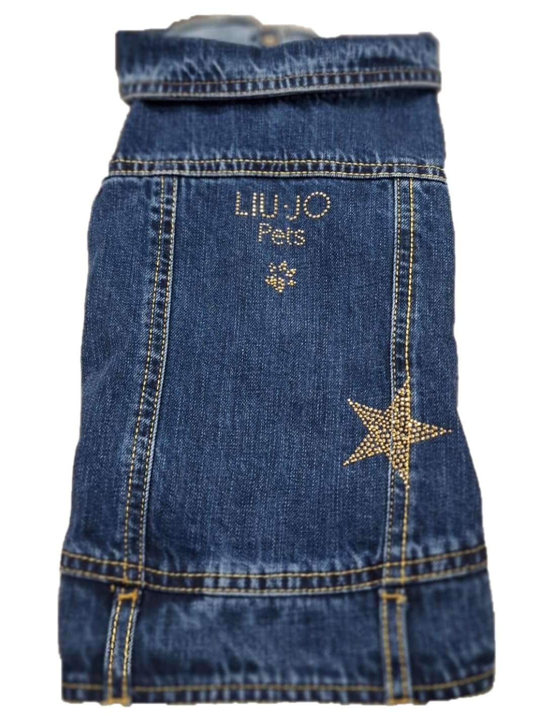 LIU-JO Giubbotto Denim per Cani, Jeans Glamour con Borchie Oro-Rame, Stella e Logo Decorativi, Made in Italy, Lavabile, per Taglie Piccole e Medie (XXS)