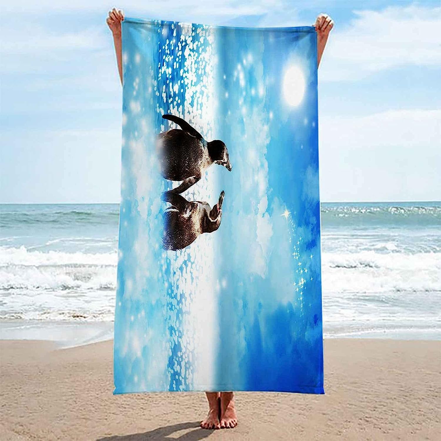 Telo Mare Microfibra,Grande,Asciugamano Microfibra, 200 X 200 Cm, Senza Sabbia, Super Leggero, Per Piscina, Campeggio, Picnic, Yoga, Palestra, Pinguino Animale Acqua Blu -4D8G-W2Z
