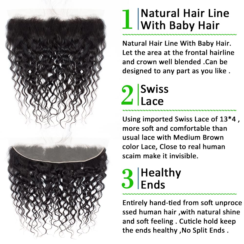 Kapelli Hair 13x4 Lace Frontal Closure Water Wave Regular HD Lace, 200% Density, 100% Brazilian Virgin Human Hair Ear to Ear HD Lace Frontal Pre Plucked with Baby Hair Natural Black Color 18 Inch