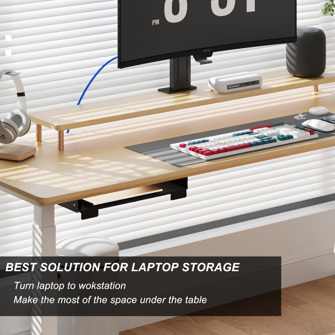 26 Inch Under Desk Mounted Sliding Loptop Drawer, Desktop Extension Pull-Out Laptop Tray for Office Desk, Extra Storage Organizer for Sit Stand Workstation