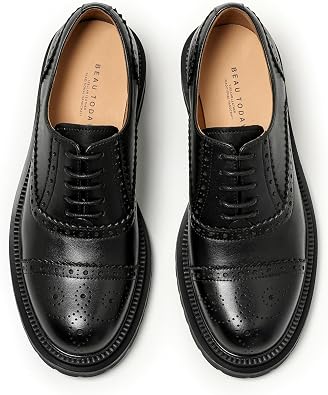 BEAU TODAY Oxford Dress Shoes for Women, Leather Brogue Cap Toe Oxfords Women, Comfortable Lace-Up Non-Slip Business Office Work Oxford Shoes