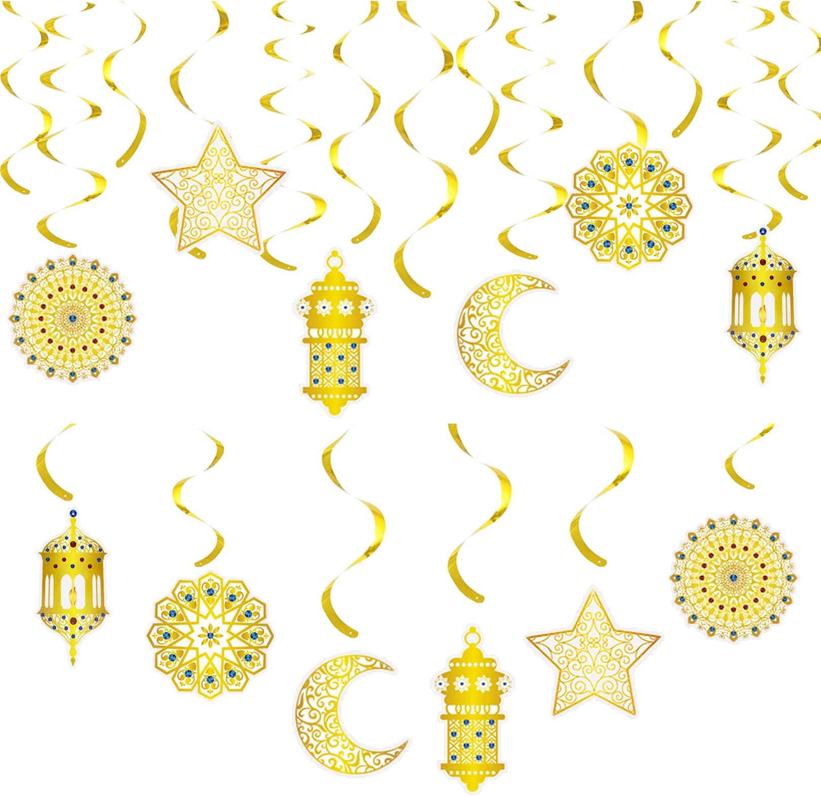 XULIN 12Pcs Eid Decorations, Eid Mubarak Banner, Swirl Star Moon Castle Crescent Streamer - Ceiling Decorations for Islam Muslim Holiday