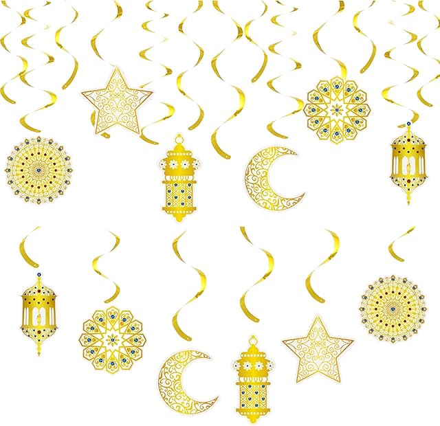 Eid Decorations,12Pcs Eid Decorations for Home,Eid Mubarak Banner Hanging Swirl Star Moon Castle Crescent Streamer-Ceiling Decorations for Islam Muslim Holiday Decorations Supplies